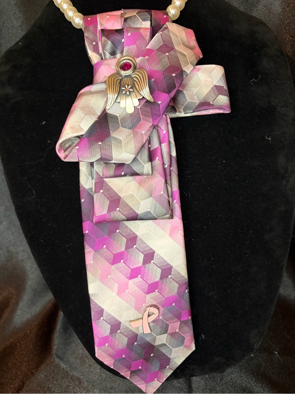 Pierre Cardin Pink and Gray Geometric Neck Tie Necklace with Ribbon Pin